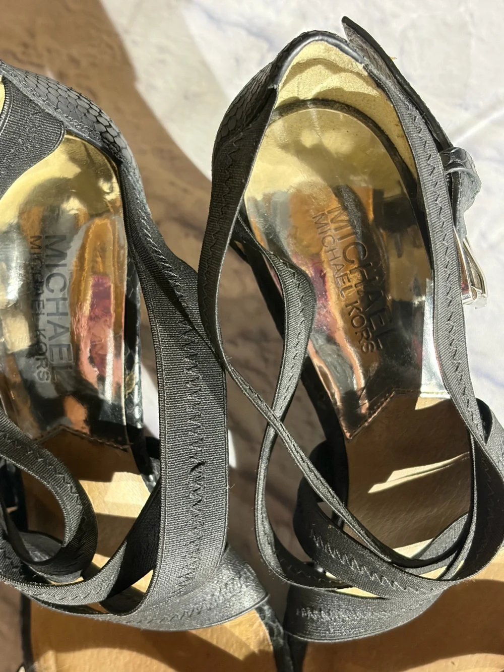 Michael Kors Black Snake Embossed Strappy Kitten Heel Sandals Size 7.5